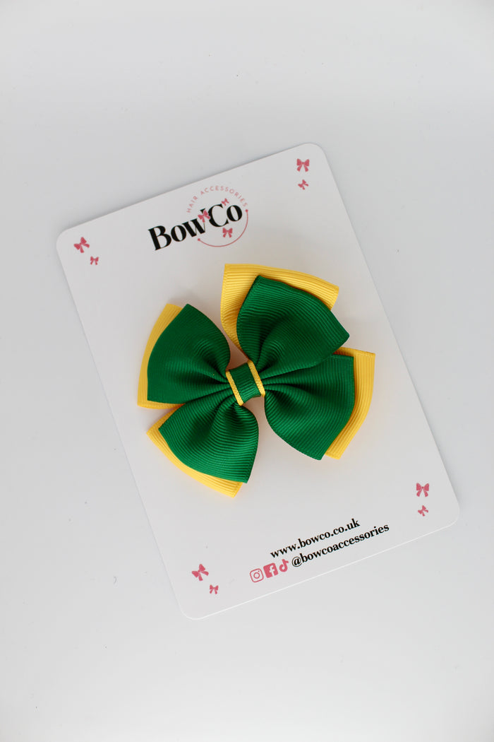School Bow Forest Green and Yellow Gold - Layer Edge Bow - Clip