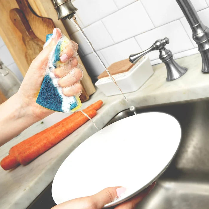 Person squeezing a soapy sponge while washing plate under running water. Carrots in the background on the countertop next to the sink.