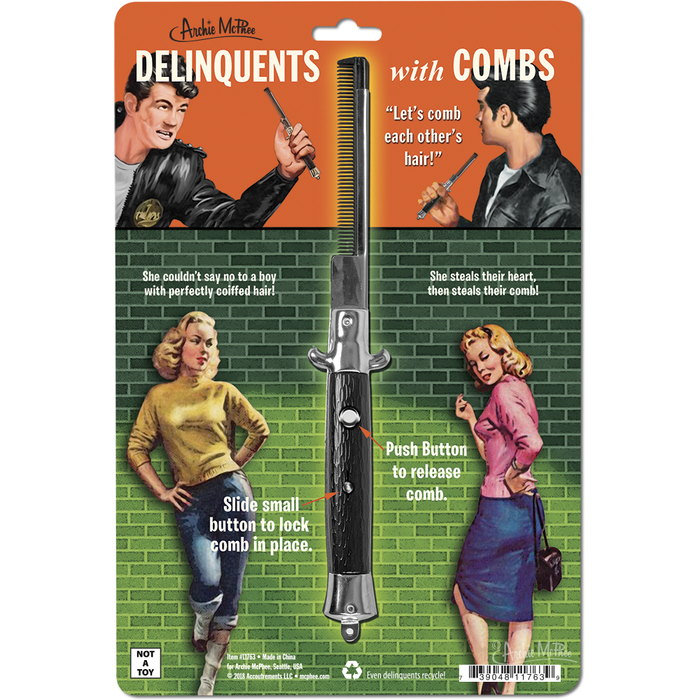 The Switchblade Comb comes in a stylized retro package adorned with vintage illustrated characters, capturing a nostalgic charm that pairs perfectly with pomade collections.