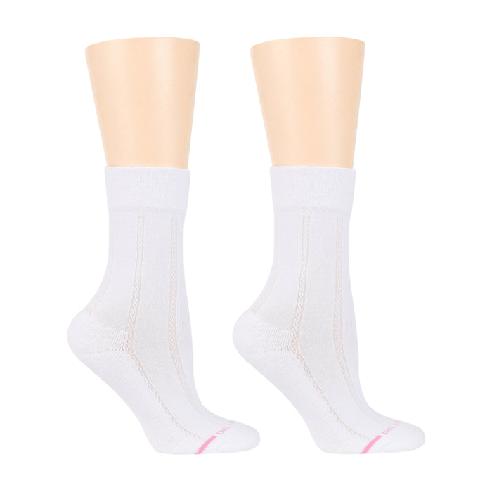 White half-cushion socks with textured columns and pink detailing, designed for women.