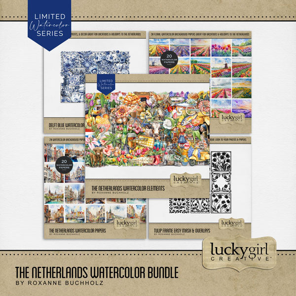 Create stylish digital scrapbooking pages of your vacation or holiday to Amsterdam, Holland, or The Netherlands with these beautiful watercolor embellishments, papers, and tulip overlays by Lucky Girl Creative digital art. Great for spring flower garden pages, too! Embellishments include bird, egret, heron, swan, cow, deep, fish, fox, Highland cow, seal, architecture, building, home, house, bag, bicycle, flag of The Netherlands, river boat, cruise, bridge, castle, beer, Dutch children, wooden shoes, tulips.