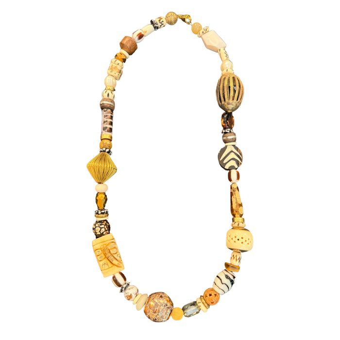one of one necklace, neutral statement necklace, safari necklace, collected bead necklace, artisan bead necklace, earthy jewelry, maximalist necklace, tribal inspired necklace, chunky bead necklace, neutral jewelry, boho luxury necklace, wearable art jewelry, resort accessories, boutique jewelry, eclectic necklace, brown and cream necklace, statement accessories, fashion jewelry, collected style necklace, unique artisan necklace