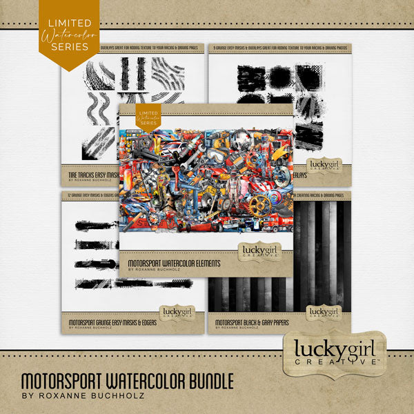 Rev your engines and get ready to go! This watercolor embellishments, papers, and grunge overlays collection by Lucky Girl Creative digital art has all the fun and energy needed to capture your need for speed! Great for trips to the speedway, raceway, classic car collectors, and road trips. Embellishments feature a touch of different car racing including NASCAR, IndyCar, Formula 1, motor racing, sports car racing, Rally car, auto racing, and more! Embellishments include milk, metal, award, trophy.