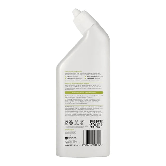 Back of lemon & lime toilet cleaner showing ingredients, directions & more.