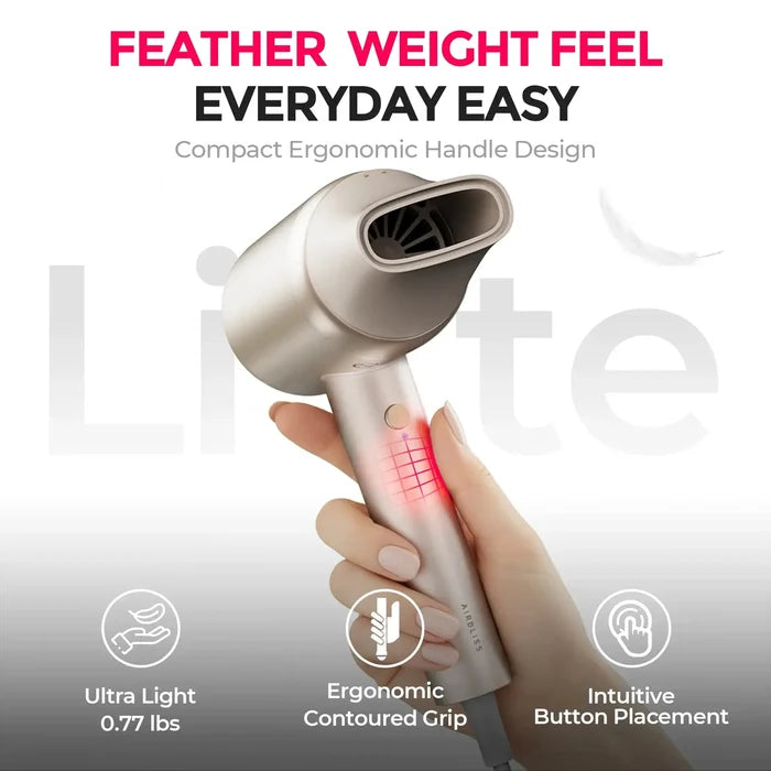 TYMO AIBLISS lightweight hair dryer weighs only 0.77 lbs with an ergonomic handle for comfortable everyday styling.