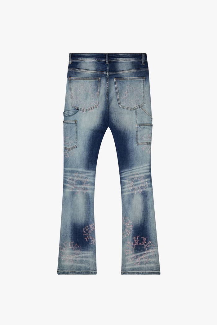 Valabasas Ringer Dark Blue Wash Stacked Flare Jeans - stylish and versatile denim for a trendy look