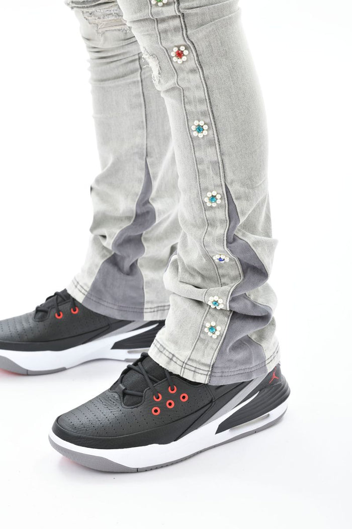Versatile Vicious Light Grey Suede Sew & Pearl Cut Denim Flared Jeans (VC612) perfect for day or night wear