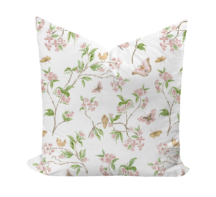 Pillow cover with butterflies and birds in pink and green