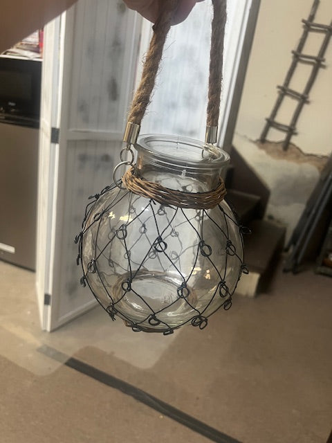 Wide mouth jar, Willow and Chicken Wire with Rope