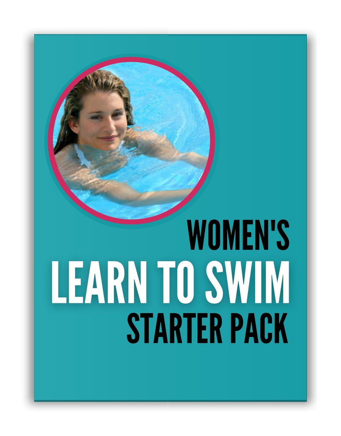 Womens Learn to Swim starter pack with blue design, pink trim, white text