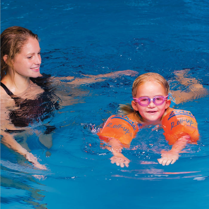 Zoggs Childrens arm bands: orange roll-up floaties with quicker inflation