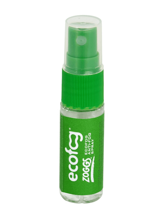 Zoggs Ecofog anti-fog spray bottle with green cap and plant-based derivatives