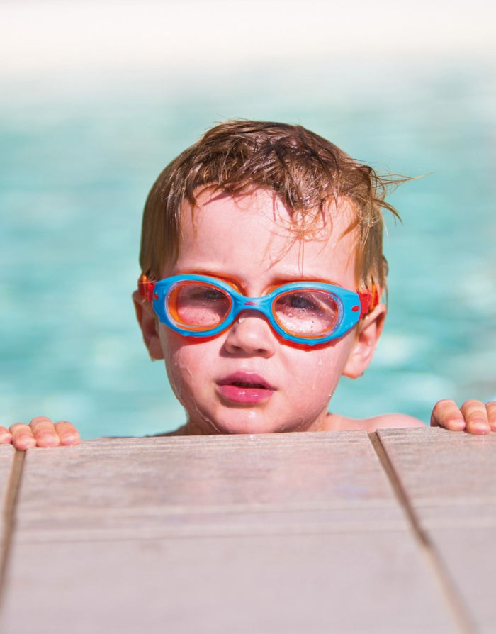 Zoggs Little Sonic Air swim goggles for 0-6yrs in blue and orange with clear silicone lenses