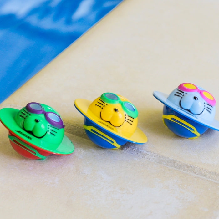 Vibrant 3D printed Zoggs Seal Flips cat squirter toy builds confidence