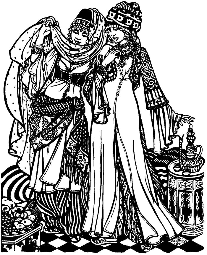 Black and white pen and ink drawing by Gretchen Shields.  Two people standing side by side Wearing traditional Turkish clothing.