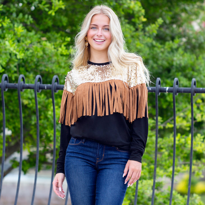 10905 - Sequin & Fringe Long Sleeve Top