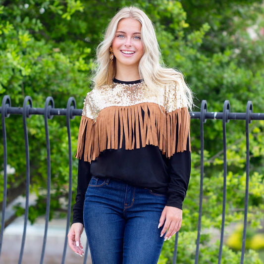 10905 - Sequin & Fringe Long Sleeve Top