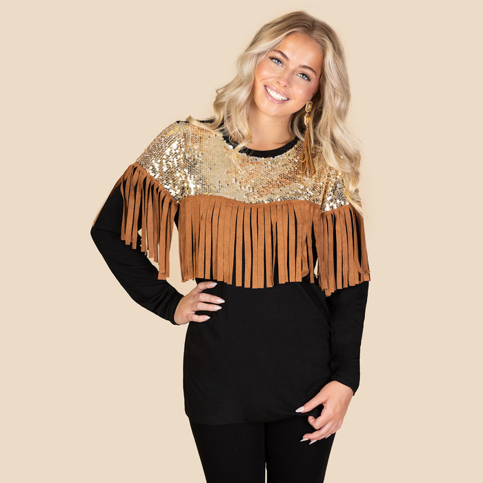 10905 - Sequin & Fringe Long Sleeve Top