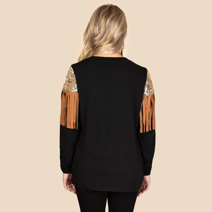 10905 - Sequin & Fringe Long Sleeve Top