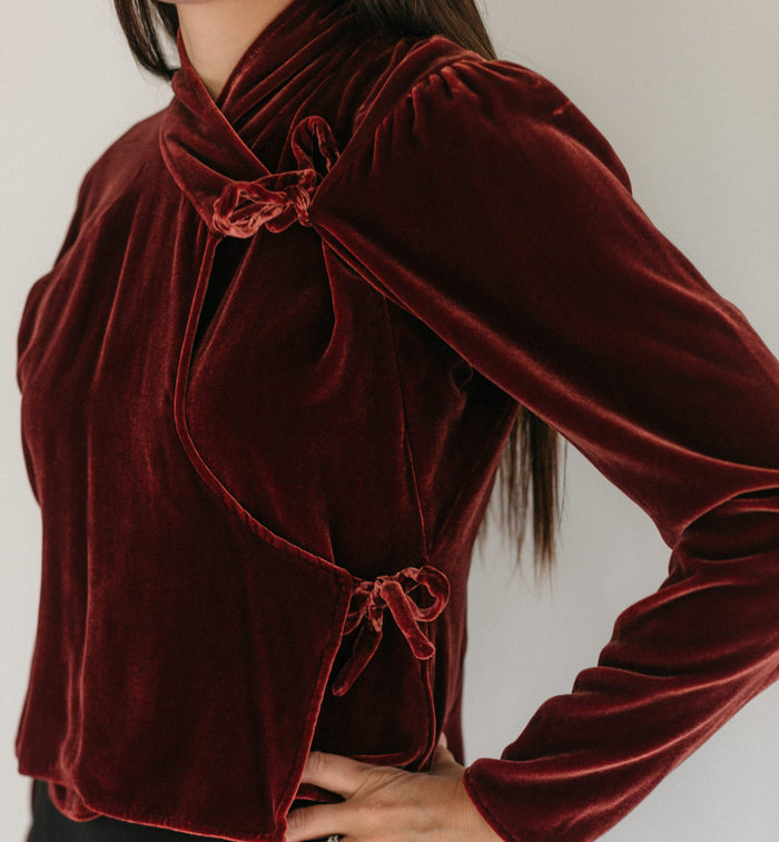 Close up side view of Nepali shirt side ties.