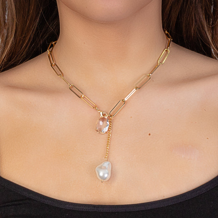 1114 - Dainty Pearl and Crystal Necklace - Gold