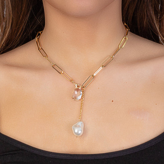 1114 - Dainty Pearl and Crystal Necklace - Gold