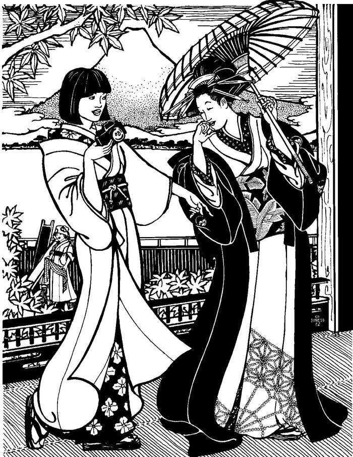 Black and white pen and ink drawing by Gretchen Shields.  Two women standing together in traditional formal kimono and casual kimono.