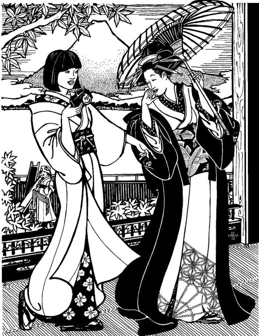 Black and white pen and ink drawing by Gretchen Shields.  Two women standing together in traditional formal kimono and casual kimono.