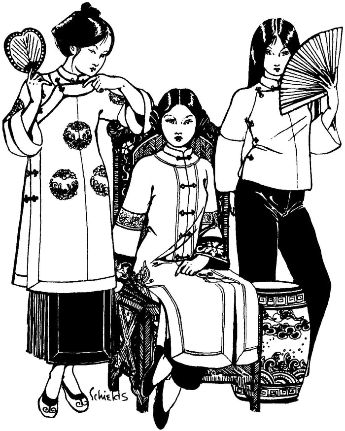 Black and white pen and ink drawing by Gretchen Shields.  Three women in the three views of 114 Chinese Jacket. Woman in middle is seated in an ornate chair and two other women are standing on either side of chair holding fans.