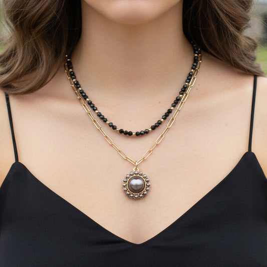 1265 - Layered Pendant Necklace - Black
