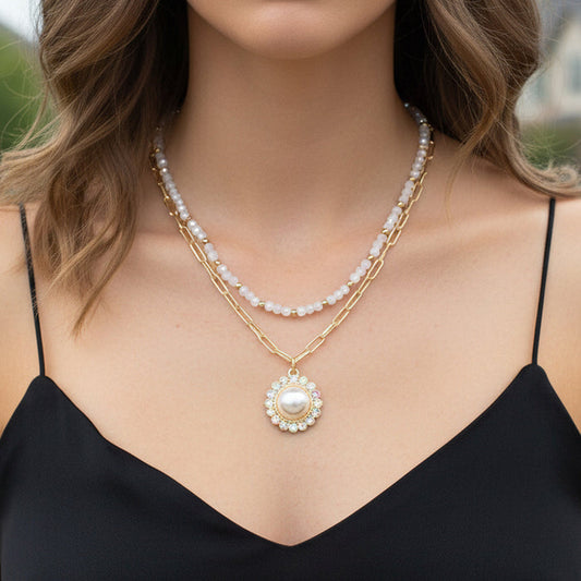 1265 - Layered Pendant Necklace - White
