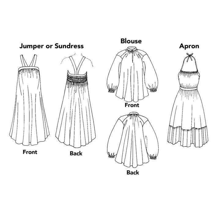 line drawing of the front and back of the dress, blouse, and apron.