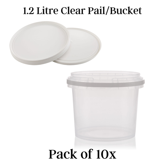 1.2Ltr Clear Round Pail Bucket with White Lid and Handle PACK OF 10
