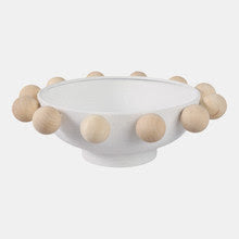 13" Bowl With Large Wooden Knobs, White