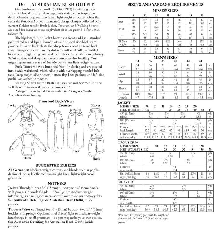 Photo of back cover of pattern. Shows size and yardage charts, views and descriptions, and fabric suggestions.