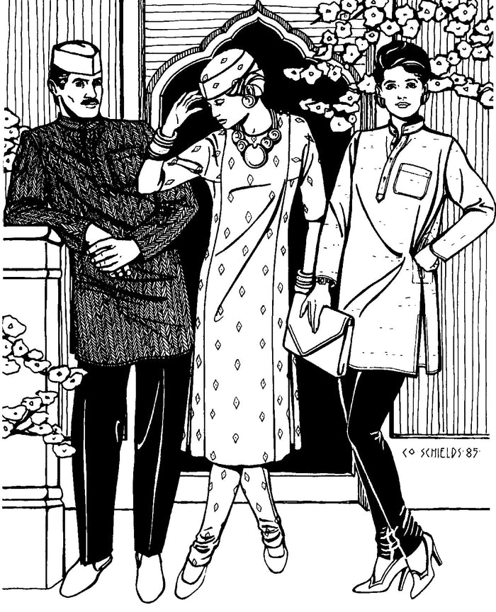 Black and white pen and ink drawing by artist Gretchen Shields.  Man on left wears Kurta, Gandhi hat, and slacks.  Woman in center wears calf length Kamiz and Churidar with Hat.  Woman on right wears Kurta and Churidar.