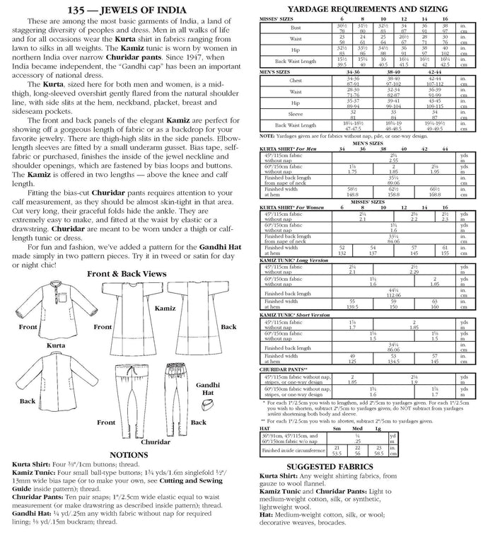 Photo of back cover shows size and yardage chart. Includes fabric suggestions and description.