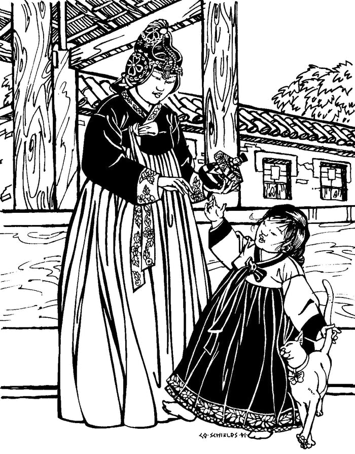 Black and white pen and ink drawing by artist Gretchen Shields.  Woman is wearing traditional head wear and holds a toy in her hand.  child is also wearing traditional han-bok and reaches up to the woman.