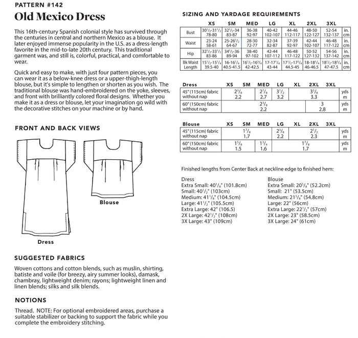 Photo of back of pattern cover.  Cover shows description of pattern, views, fabric suggestions, and size and yardage charts.