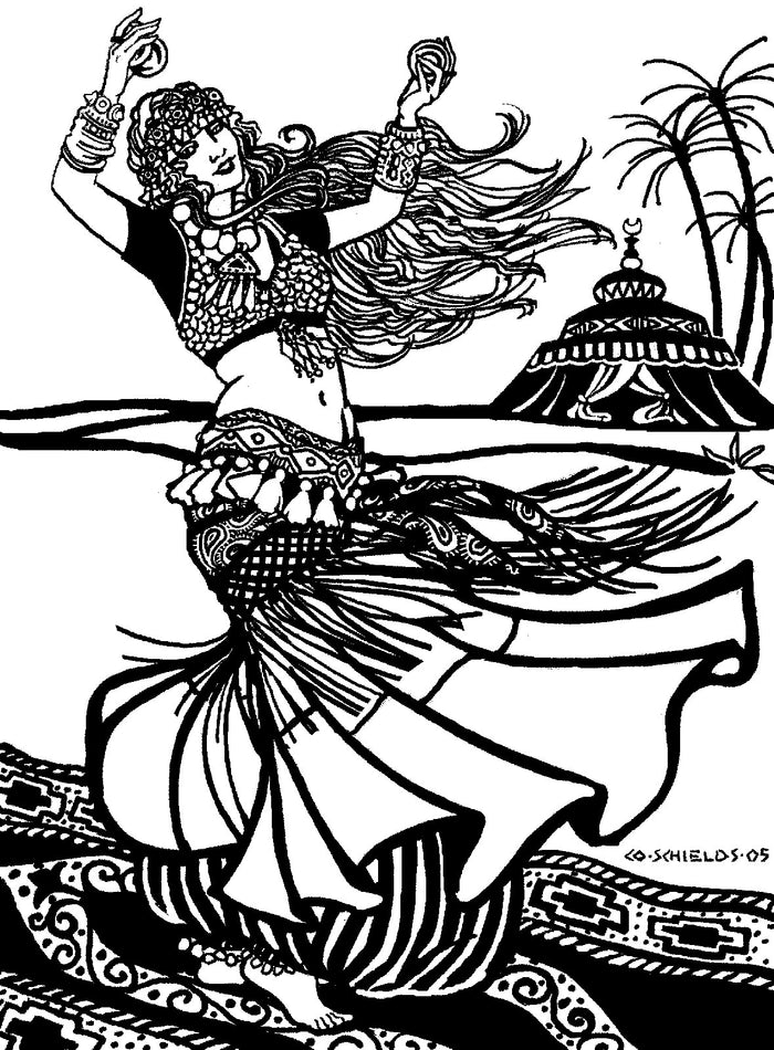Black and white pen and ink drawing by artist Gretchen Schields.  Woman dancing in tribal style bellydance ensemble .  Woman holds cymbals in her hands and is standing on an ornate rug.