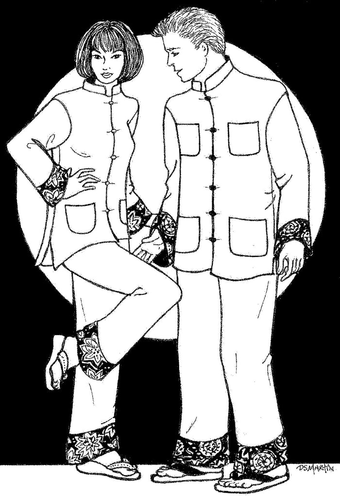 Black and white pen and ink drawing by artist Gretchen Shields. a woman and a man standing wearing 145 Chinese Pajamas.