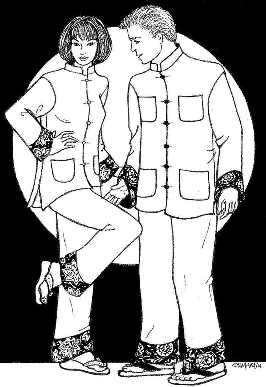 Black and white pen and ink drawing by artist Gretchen Shields. a woman and a man standing wearing 145 Chinese Pajamas.