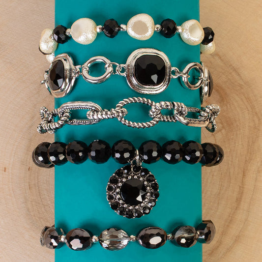 1455 - Crystal Stacked Bracelets - Black
