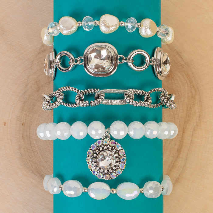 1455 - Crystal Stacked Bracelets - White