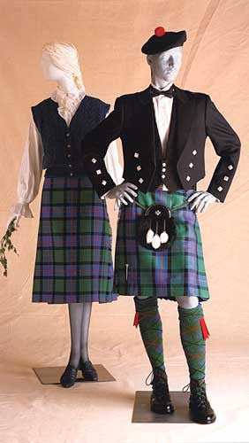 photo of two men and womens Scottish kilt and full dress on mannequins