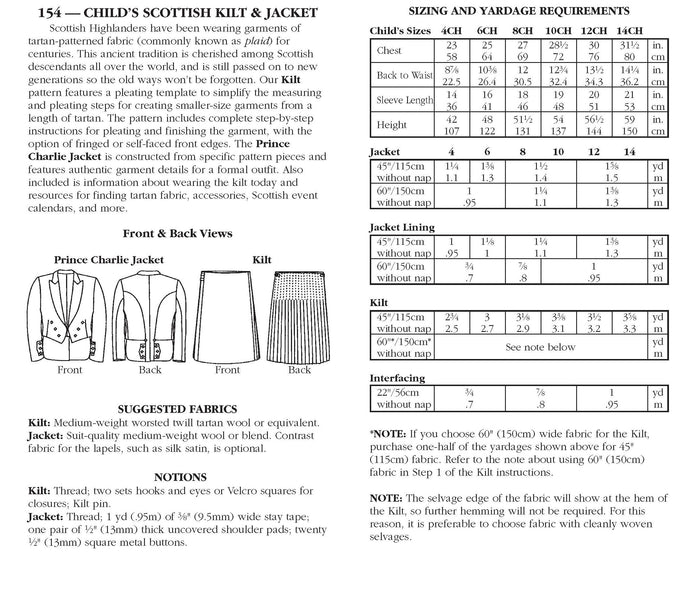Photo of back of pattern cover. Cover shows description of pattern, views, fabric suggestions, and size and yardage charts.