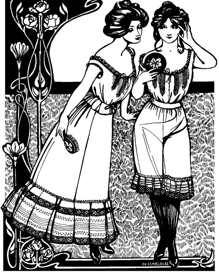 Black and white pen and ink drawing by artist Gretchen Schields.  Two women standing side by side in Edwardian underthings.  Woman on the left wears a camisole and petticoat and the woman on the right wears a camisole and drawers.  One holds a mirror and the other holds a brush.