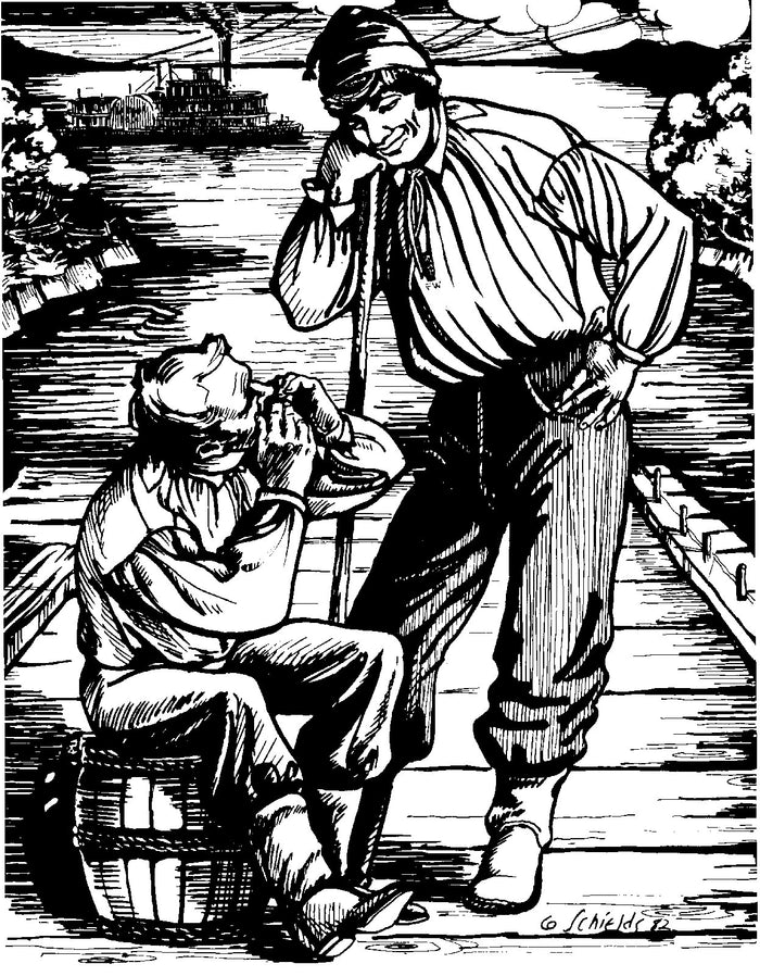 Black and white pen and ink drawing of two men on a dock, one sitting on a barrel the other standing leaning on a walking stick.