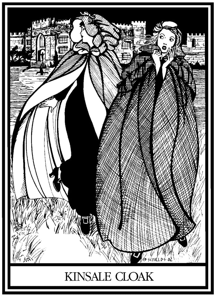 Black and white pen and ink drawing of two women running away scared from a castle wearing 207 Kinsale Cloak.