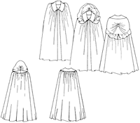 Black and white flat-line drawings of front and back views with and without a Hood.